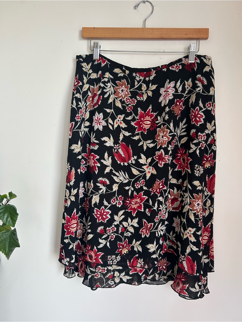 Nygard Black Floral A-Line Skirt with Red & Cream Flowers